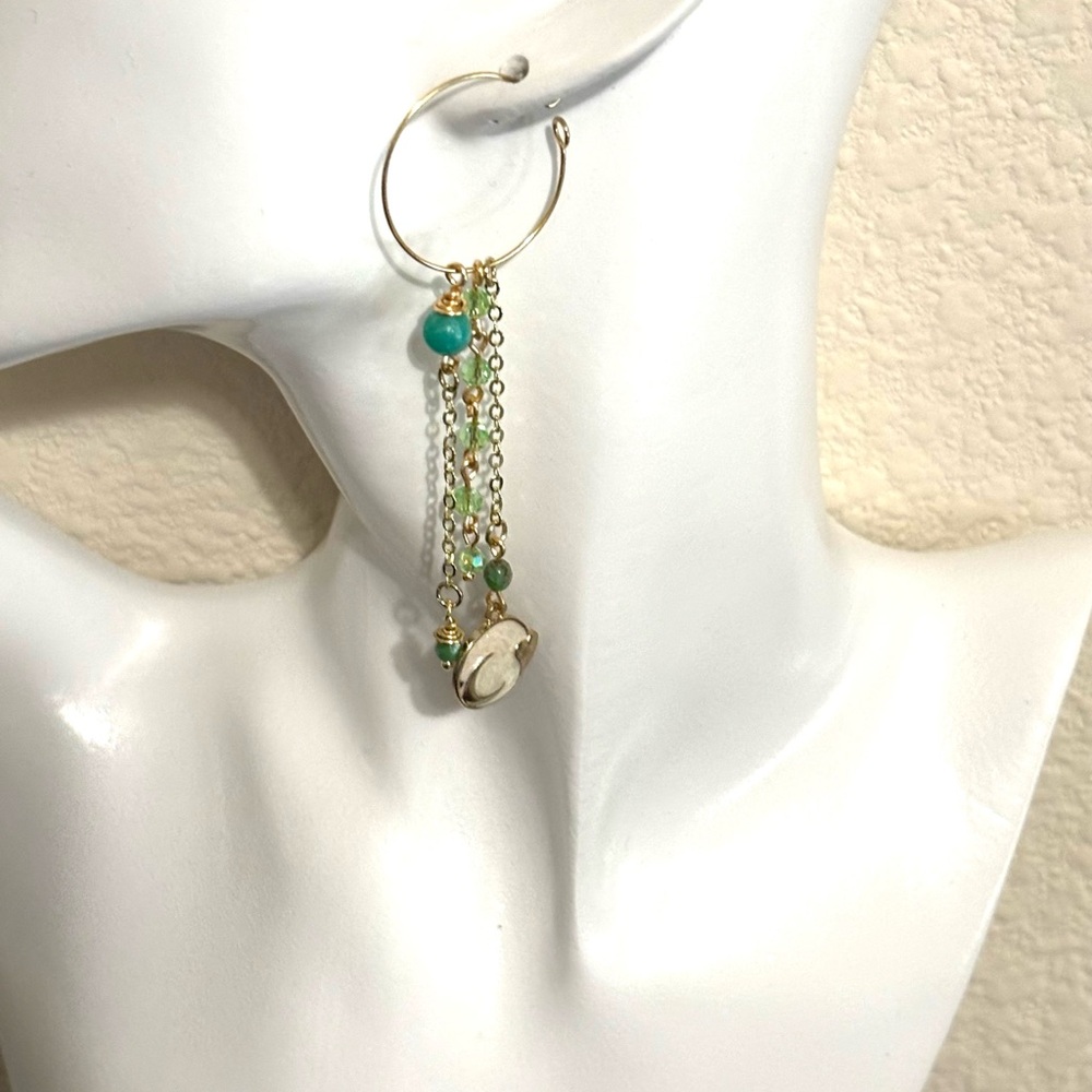 Hand Crafted Gold Hoop Earrings with Green and Gold Accents - Picture 3 of 7